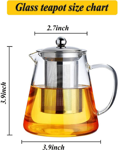 Glass Teapot with Removable Stainless Steel Infuser, Borosilicate Glass Tea Pot with Strainer,for Blooming Tea & Loose Leaf Tea, Microwave & Stovetop Safe（19oz ）