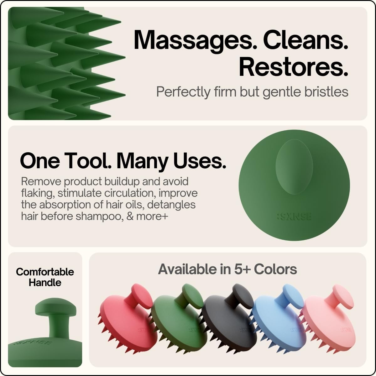 SXNSE - Revive Silicone Scalp Massager, Arctic - Manual Hair & Scalp Scrubber for Dandruff, Buildup, Itch, & Hair Growth - Soft Exfoliating Silicone Bristles for Wet & Dry Hair, Flake-Free Finish