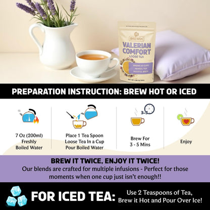BREWIX, Valerian Comfort Tea for Sleep and Relaxation (40+ Cups, 2.82oz/80g) Caffeine-Free and Calming for Bedtime | Valerian Root, Chamomile & Lavender | Perfect Wellness Sleep