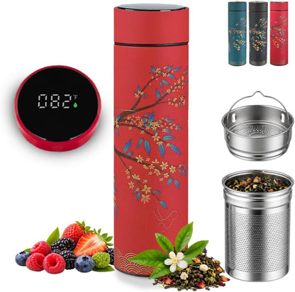 Farasi Tea Infuser for Loose Leaf Tea Smart Water Bottle with Fahrenheit Temperature Display, Stainless Steel Insulated Coffee and Fruit Tea Infuser Bottle - Floral Travel Tea Mugs 15 oz (Black)