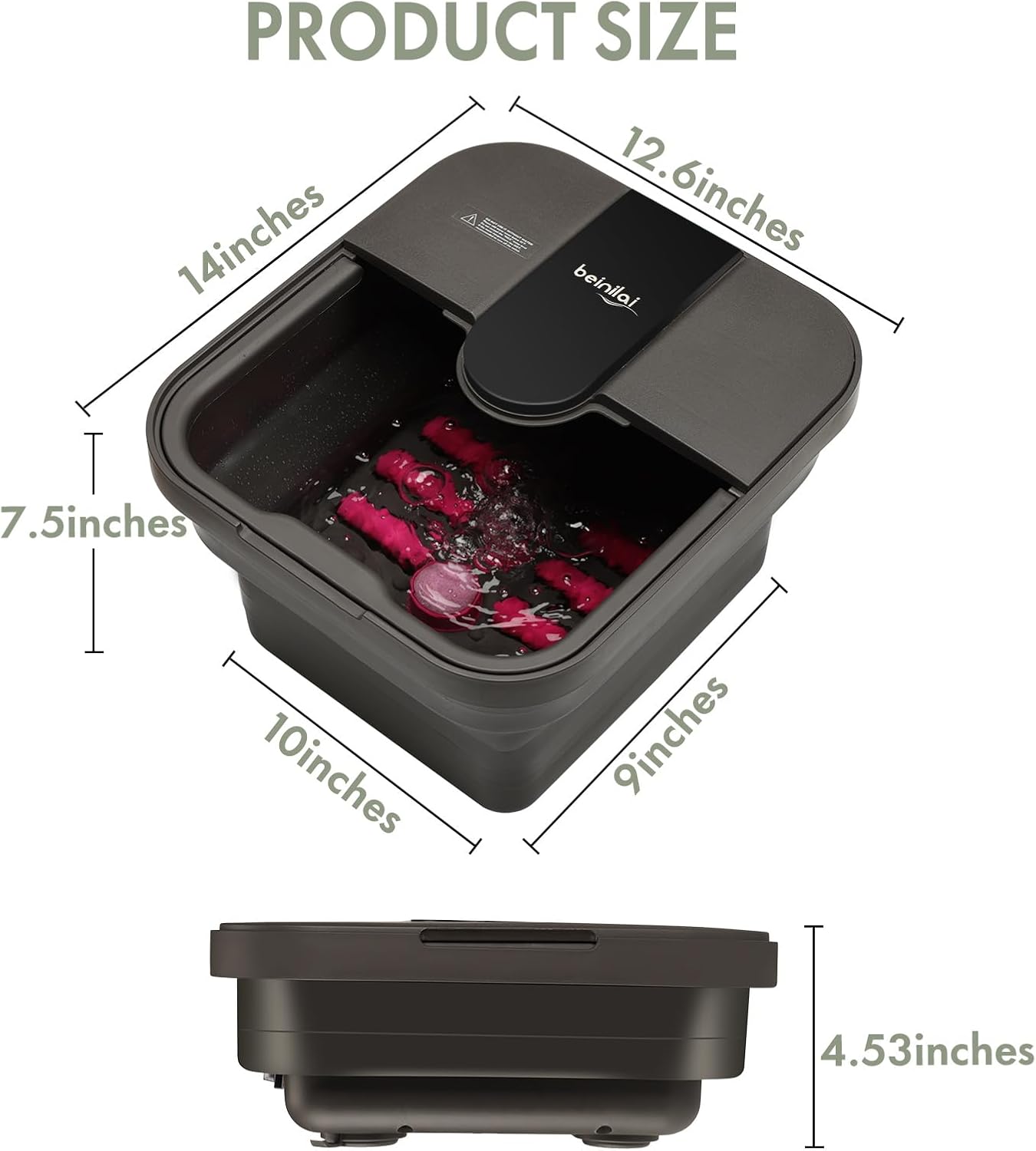 Beinilai Collapsible Foot Spa,Foot Bath with Heat and Massage and Bubble Jets,Foot Soak Tub with Six Non Motorized Rollers,Acupressure Massage Points,Red Light and Removable Pumice Stone