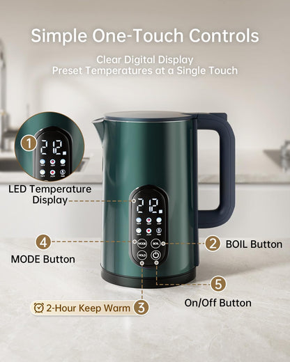 Electric Kettle with Temperature Control, 1.7L Hot Water Kettle for Tea, Coffee & Daily Use, 5 Presets, 2H Keep Warm, Stainless Steel Interior, Auto Shut-Off, Cordless Electric Tea Kettle, Blue