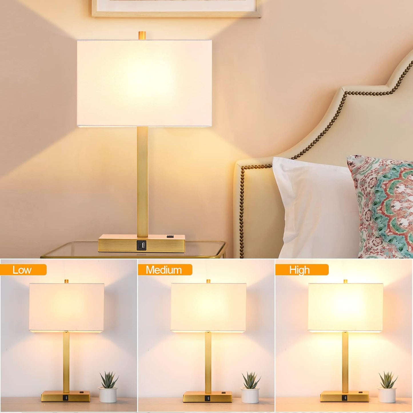 21" Touch Bedside lamps with 2 USB & AC Outlets, 3-Way Dimmable Bedside Table Lamps Set of 2 for Bedroom Living Room Office Reading, Gray Shade Lamps for Night Stands, 5000K LED Bulbs Included