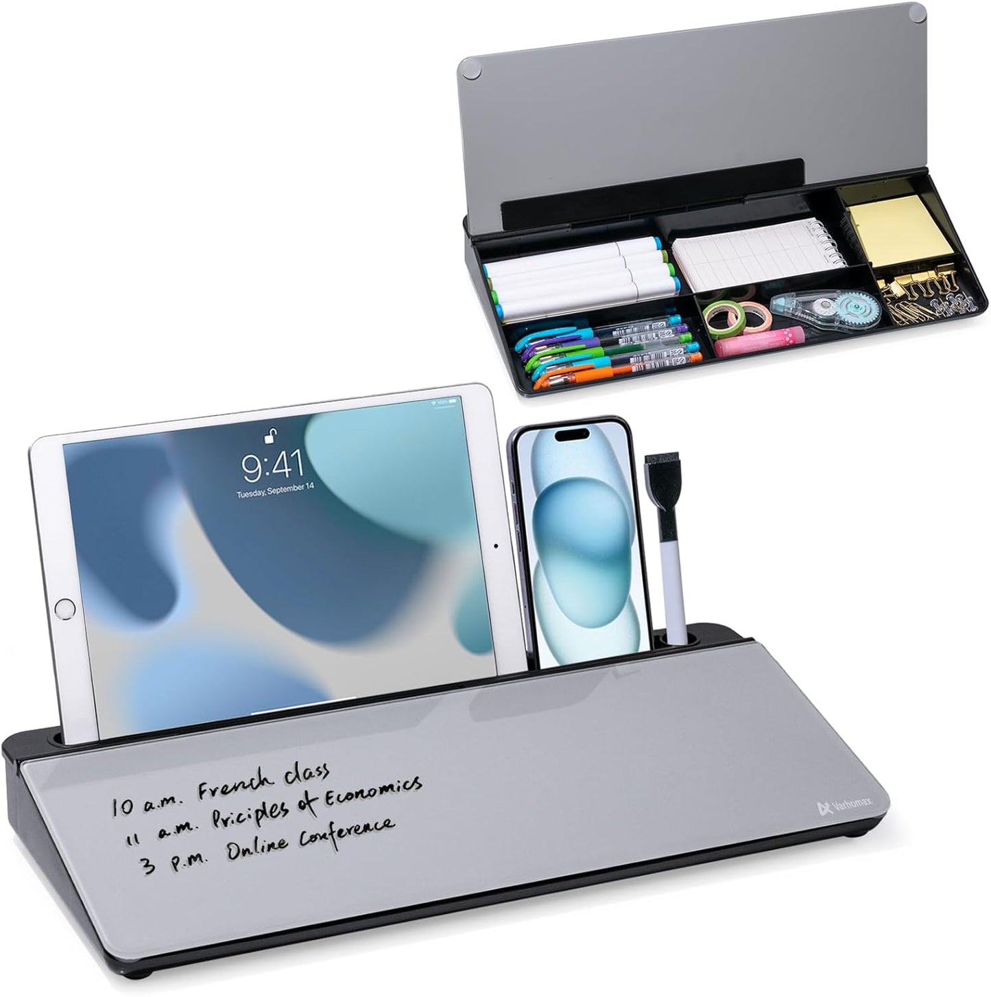 Varhomax Glass Weekly Dry Erase Desk White Board, Desktop to Do List Planner Whiteboard Calendar with Storage Caddy Memo for Home and Office, White