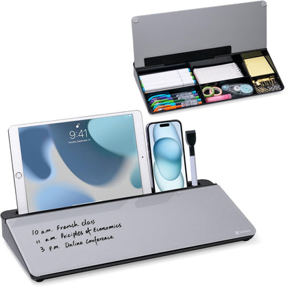 Varhomax Glass Weekly Dry Erase Desk White Board, Desktop to Do List Planner Whiteboard Calendar with Storage Caddy Memo for Home and Office, White
