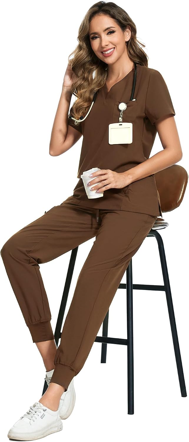 COZYFIT Scrubs for Women Set - Stretch V-Neck Scrub Top & Jogger Pant with 8 Pockets COZY SCRUBS - Colors D