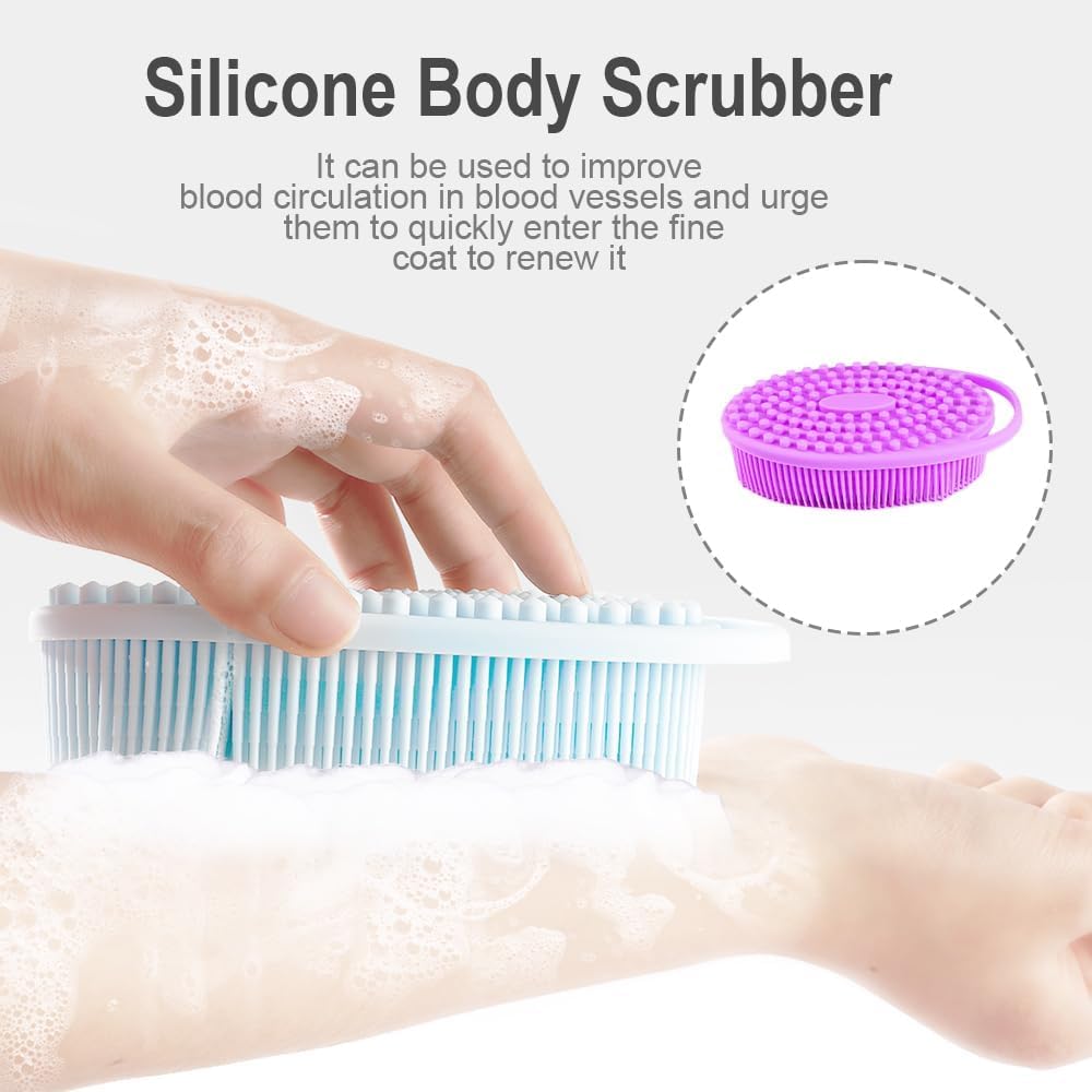 Soft Silicone Body Scrubber 2 PCS Silicone Body Shower, Silicone Loofah 2 in 1 Bath and Shampoo Brush, Body Scrubber Shower Cleaning Exfoliating Use for Sensitive Skin, Lather Well(Black and Pink)
