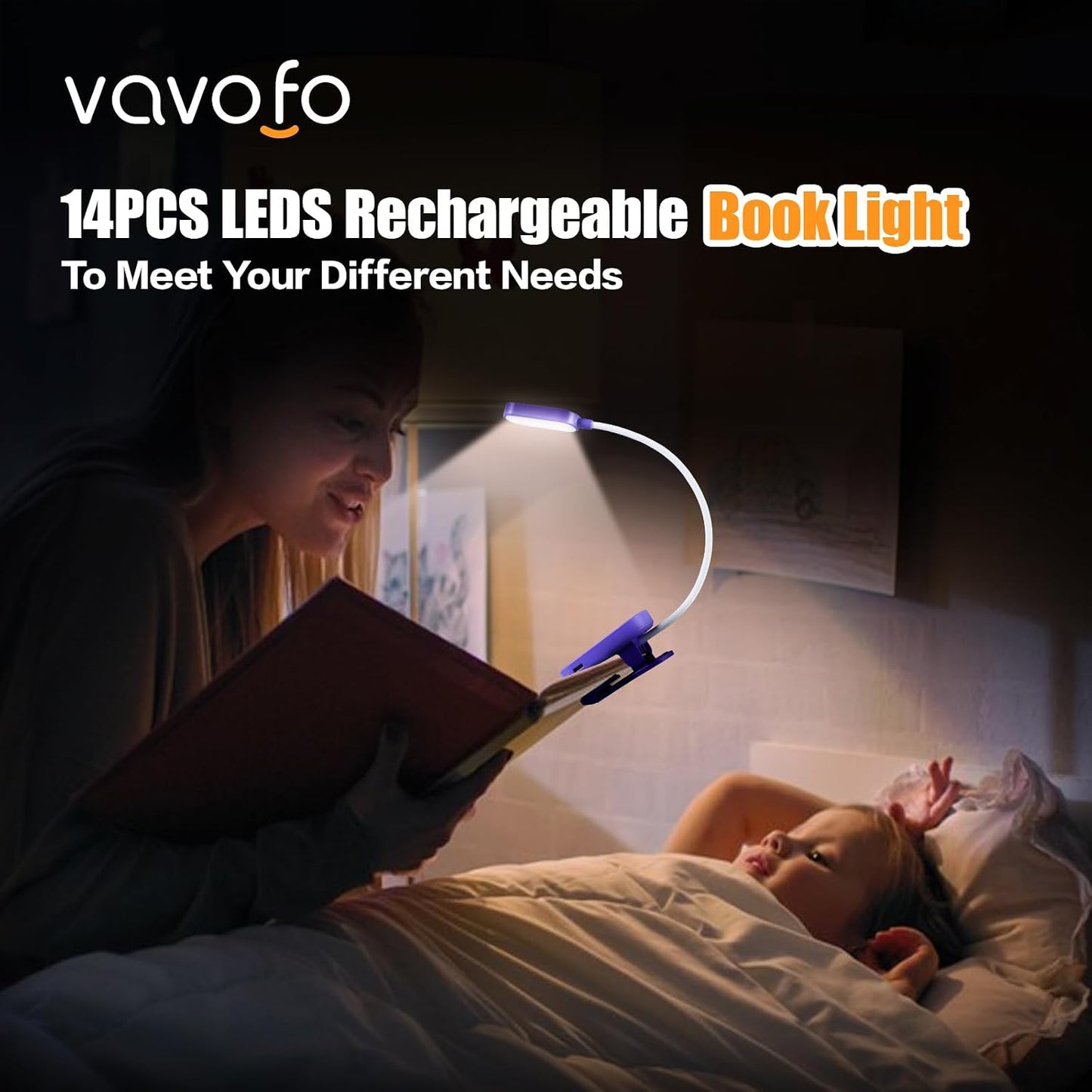 VAVOFO Rechargeable Book Light, 14 LEDs Eye Care Clip On Amber Reading Light for Bookworms Reading in Bed with 9 Colors 9 Brightness (White-Blue)