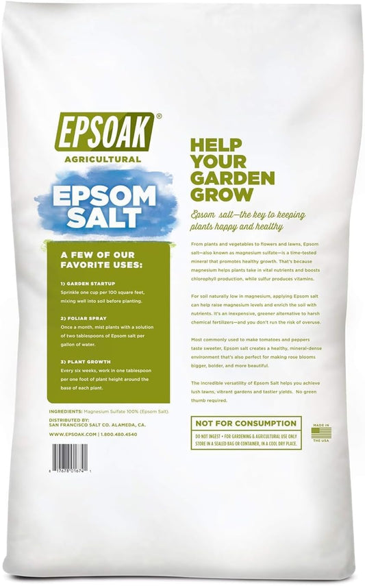 Epsoak Epsom Salt 18 lb. Agricultural Grade Magnesium Sulfate. Resealable Bulk Bag for Gardening & Lawn Care, Made in The USA