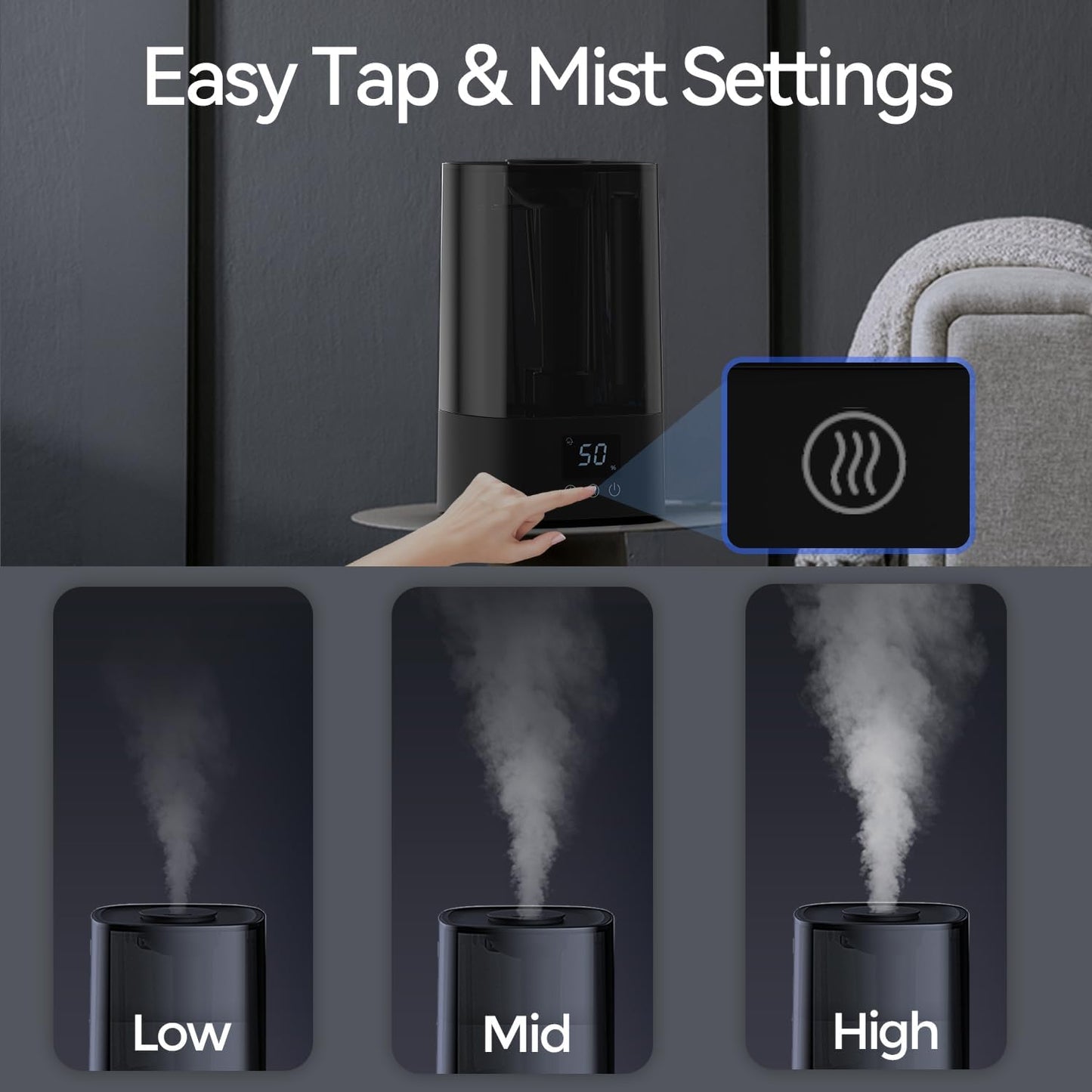 ROSEKM Humidifiers for Bedroom (1.1L), Small Cool Mist Humidifier for Home Plant and Baby Nursery, Quiet Ultrasonic Humidifier with 360° Nozzle, Auto Shut-Off, Filterless, Black