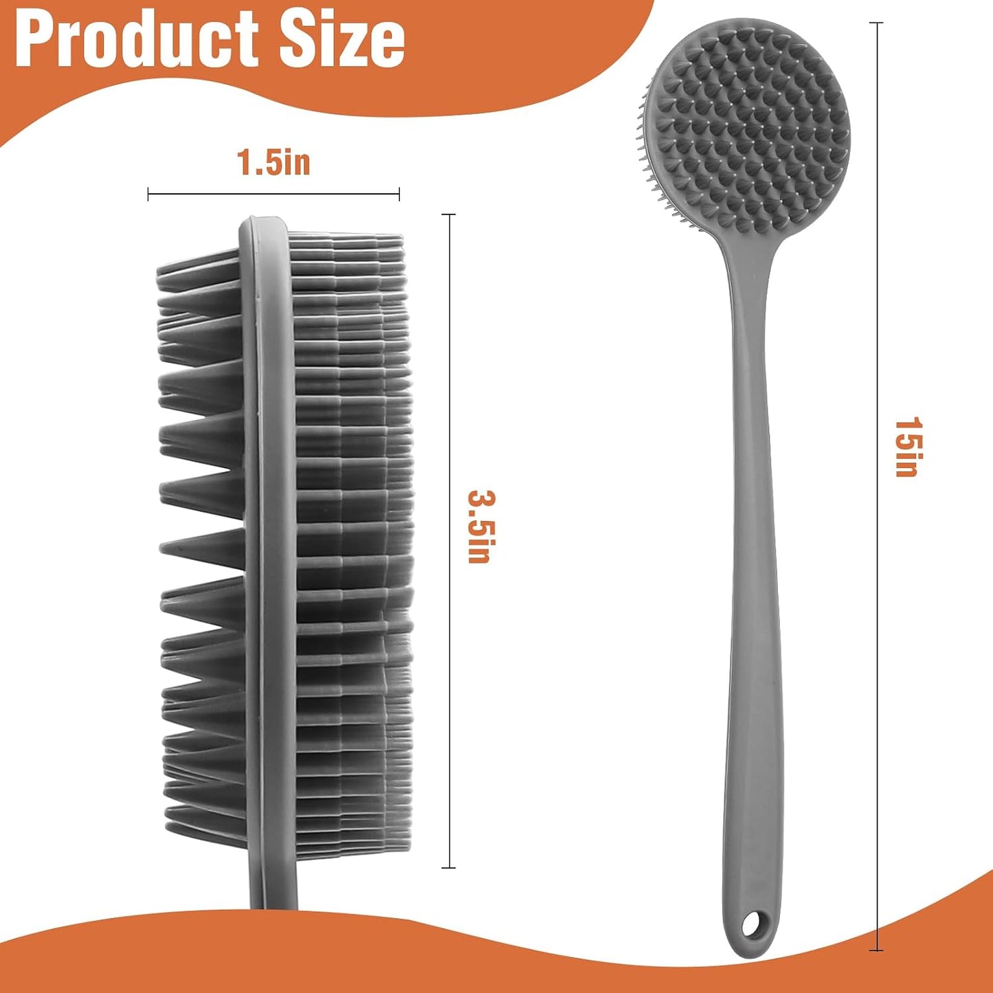 Silicone Body Scrubber for Shower Men Women – Dual-Sided Exfoliating & Massage Shower Brush with Long Handle, Creates Rich Lather, Includes 1 Hook & 2 Lather Balls (Black).