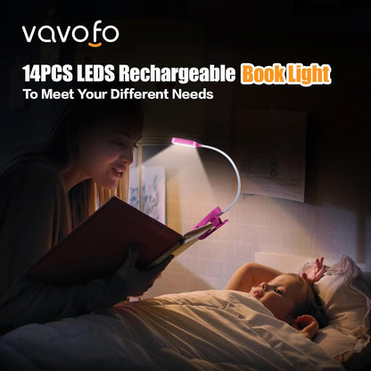 VAVOFO Rechargeable Book Light, 14 LEDs Eye Care Clip On Amber Reading Light for Bookworms Reading in Bed with 9 Colors 9 Brightness (White-Blue)