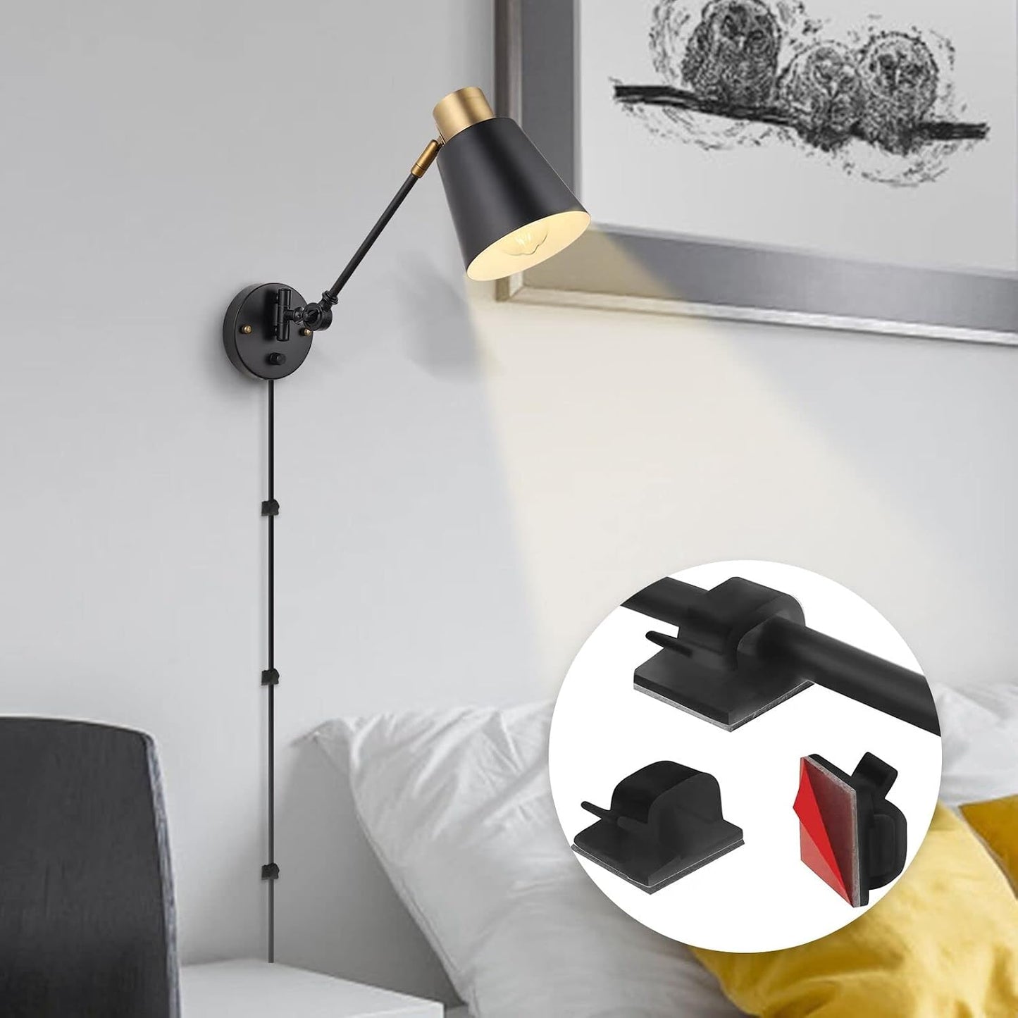 Dimmable Wall Lamp with Plug in Cord, ENCOMLI Plug in Wall Sconces Set of Two, Swing Arm Sconces Wall Lighting with On Off Switch, Metal Black Brass Industrial Wall Sconce Plug in Wall Light, E26 Base