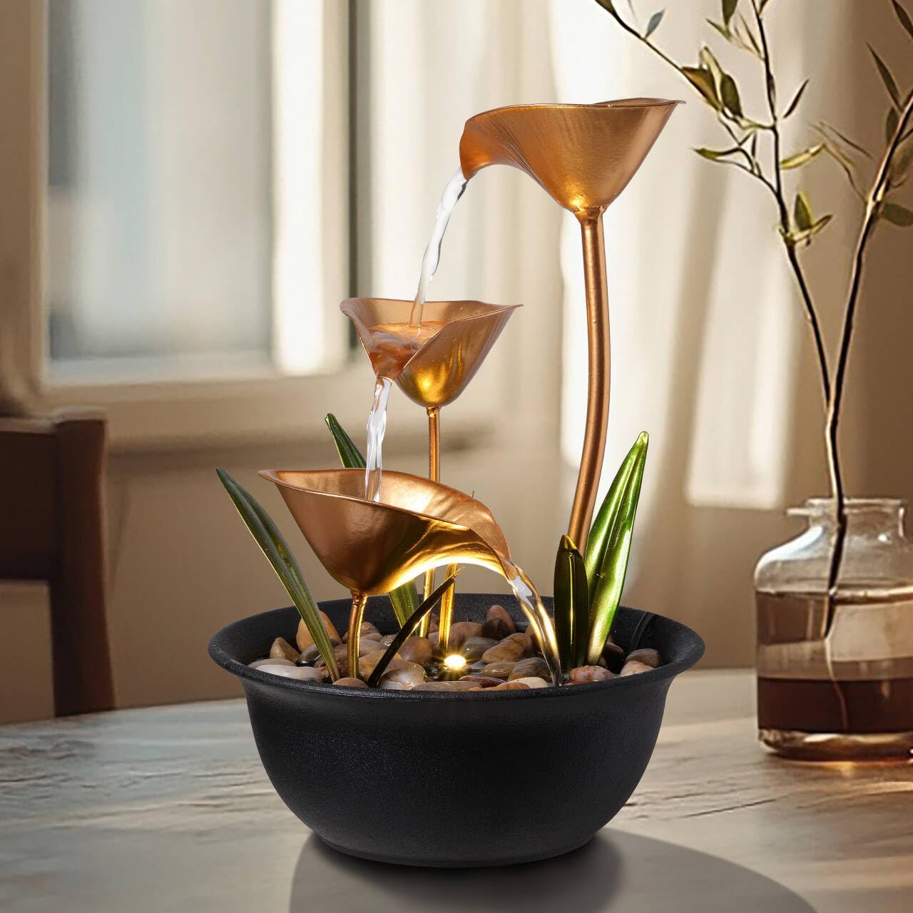 Tabletop Water Fountain Indoor, 10.6" Tiered Bowl Desktop Fountain with LED Light, Modern Zen Metal Waterfall Fountain for Office Desk, Home Office, Bedroom & Living Room Decor, Gold