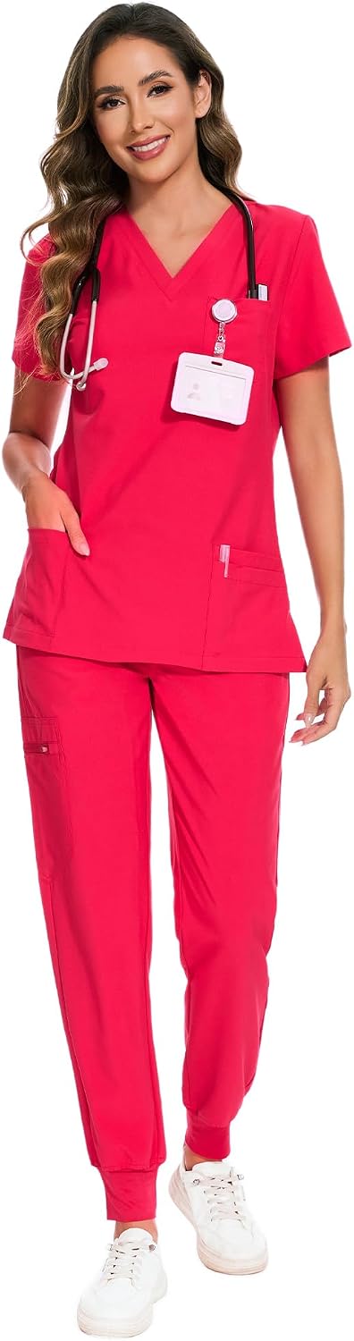 COZYFIT Scrubs for Women Set - Stretch V-Neck Scrub Top & Jogger Pant with 8 Pockets COZY SCRUBS - Colors E