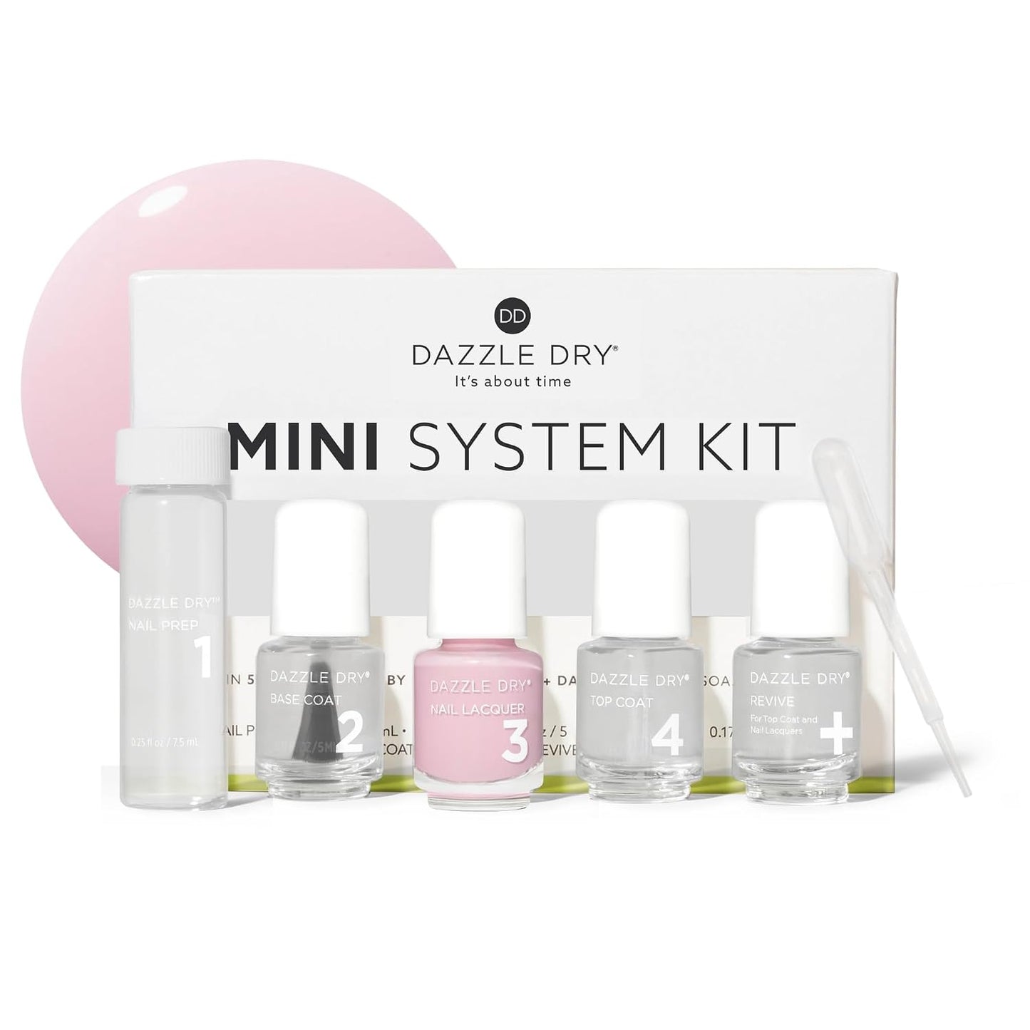 Dazzle Dry Mini Kit 4 Step System - Prima Ballerina, a sheer and milky delicate pink that makes a beautiful French base. (5 Piece Kit / 5 Manicures)