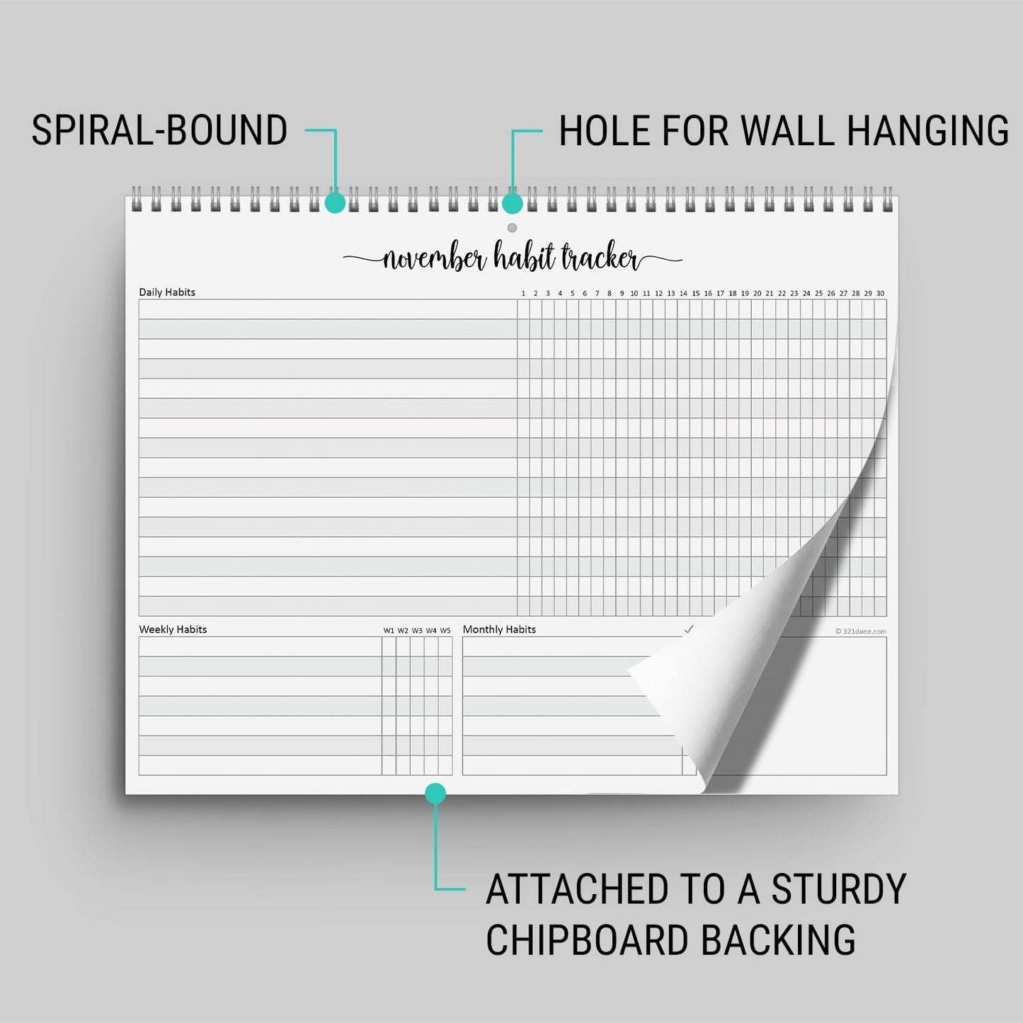 321Done Habit Tracker Calendar Pad, 8.5x11 Monthly, Made in USA