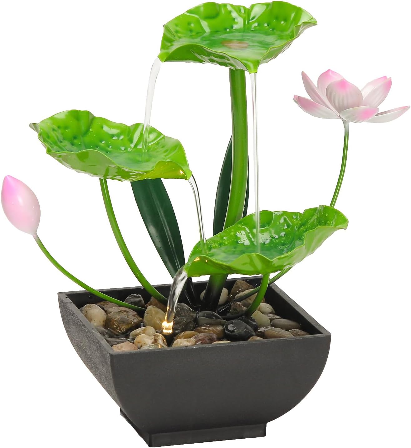 Water Fountain Indoor Waterfall Fountain 3-Tier Tabletop Fountain Lotus Desk Relaxation Home Decor Including Lots of Rocks and Soothing Sound Machine (Green 1)