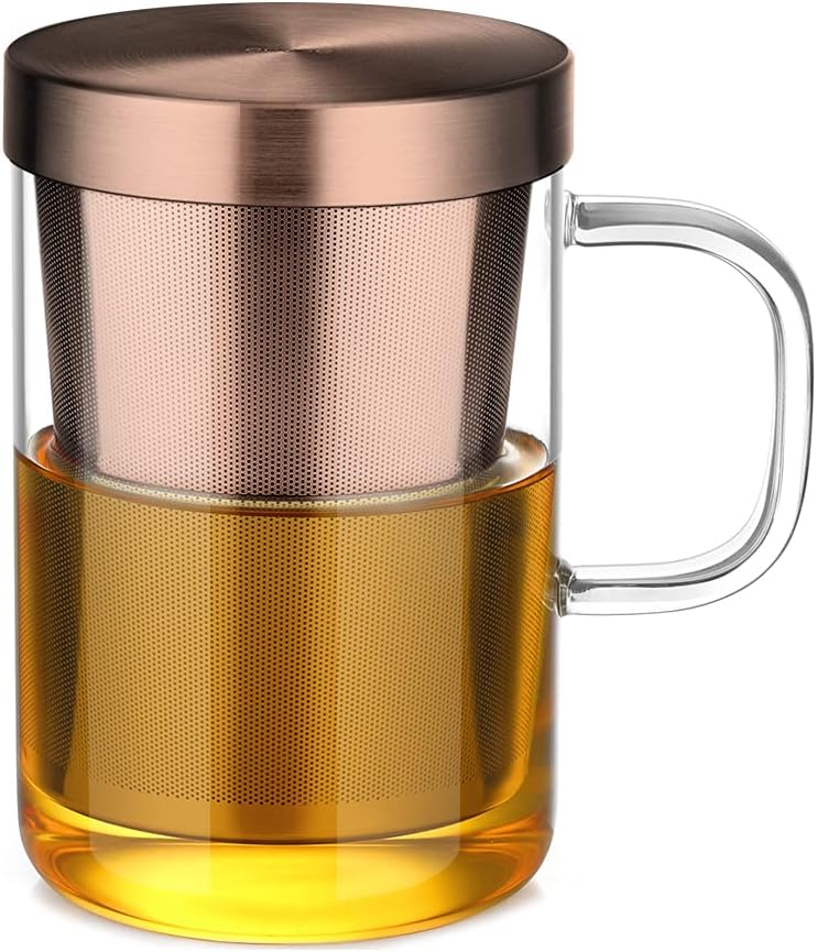ecooe Tea Infuser Mug 16.9oz Glass Tea Cup with Removable Stainless Steel Infuser and Lid, Clear Glass Tea Cup 500ml Teacup for Loose Leaf Tea, Birthday for Parents Dad Mum Friends (Bronze)
