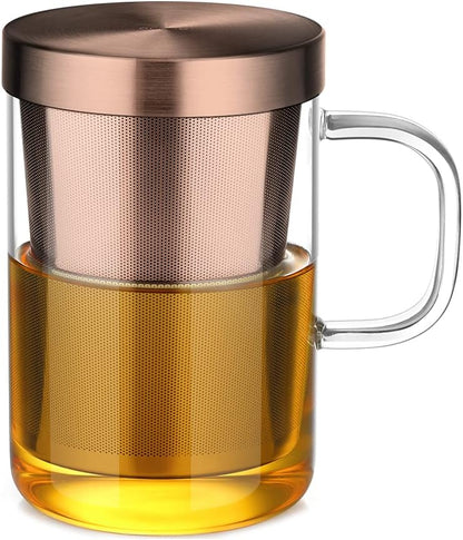 ecooe Tea Infuser Mug 16.9oz Glass Tea Cup with Removable Stainless Steel Infuser and Lid, Clear Glass Tea Cup 500ml Teacup for Loose Leaf Tea, Birthday for Parents Dad Mum Friends (Bronze)