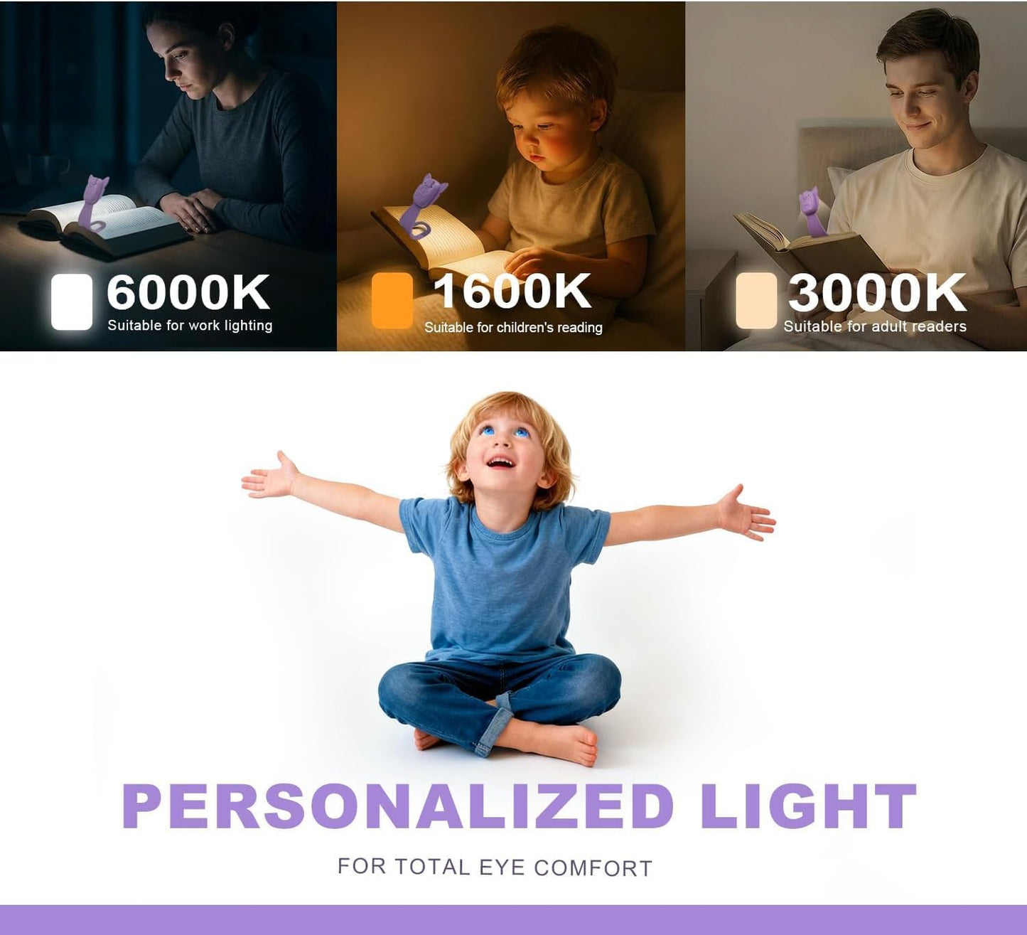 Rechargeable Kids Book Light, Cute Bookmark Reading Light for Kids, Dimmable Portable LED Book Light for Reading in Bed, Eye-Caring Bedtime Reading Lamp for Children & Travel, Black