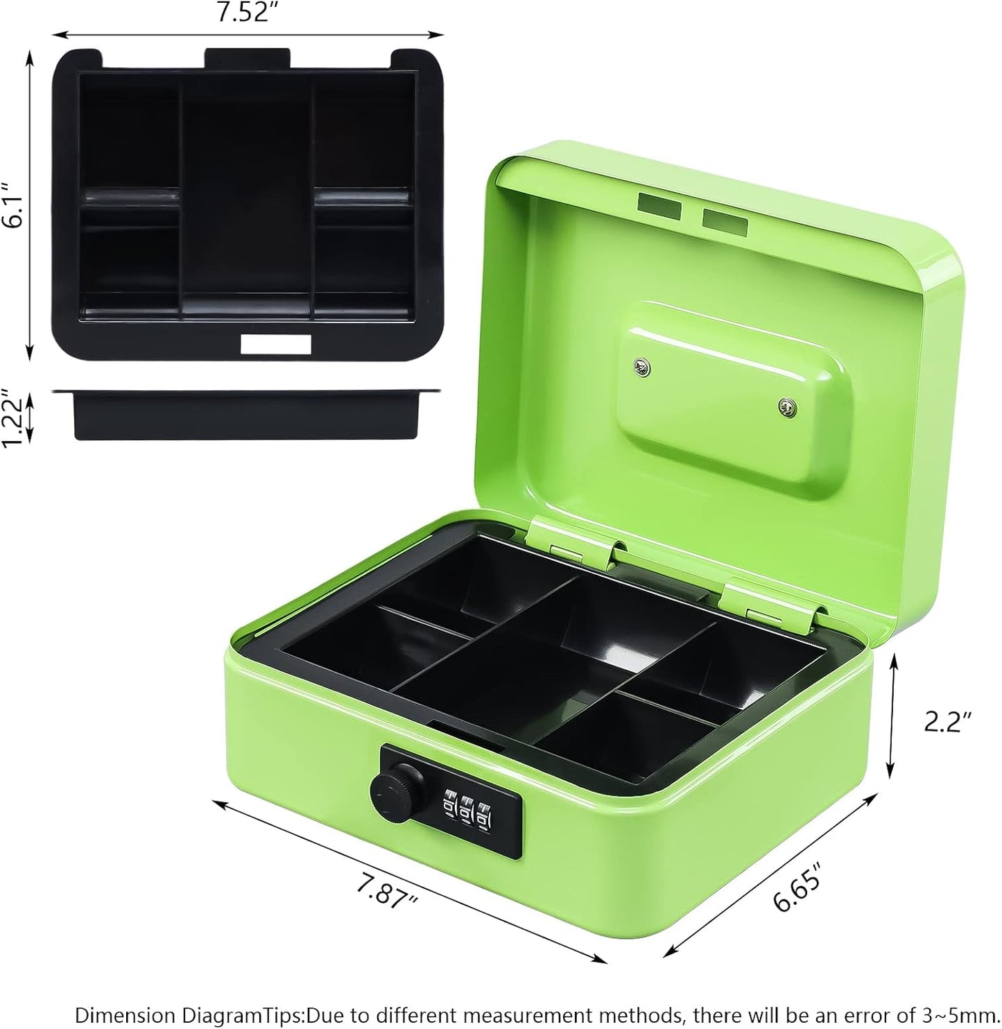 KYODOLED Small Cash Box with Combination Lock & Removable Money Tray, Black