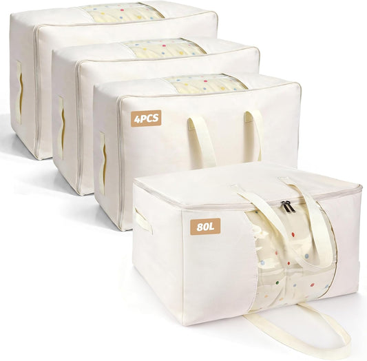 Soft Large Canvas Storage Bags with Zipper. Thick Breathable. Four Carrying Handles and Window. Cotton Linen Storage for Pillows, Quilt, Blankets and Comforter, 80L, Beige
