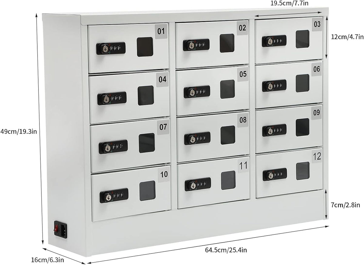 12 Slots Cellphone Locker, 12-Compartment Cellphone Charging Station with Combination Lock, 3 in 1 Charging Ports Phones Storage Pocket, Steel Plate Ipad Mini Storage Cabinet for Classroom Office