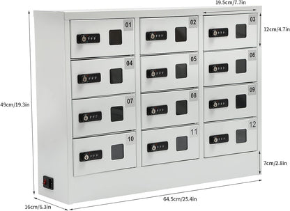 12 Slots Cellphone Locker, 12-Compartment Cellphone Charging Station with Combination Lock, 3 in 1 Charging Ports Phones Storage Pocket, Steel Plate Ipad Mini Storage Cabinet for Classroom Office
