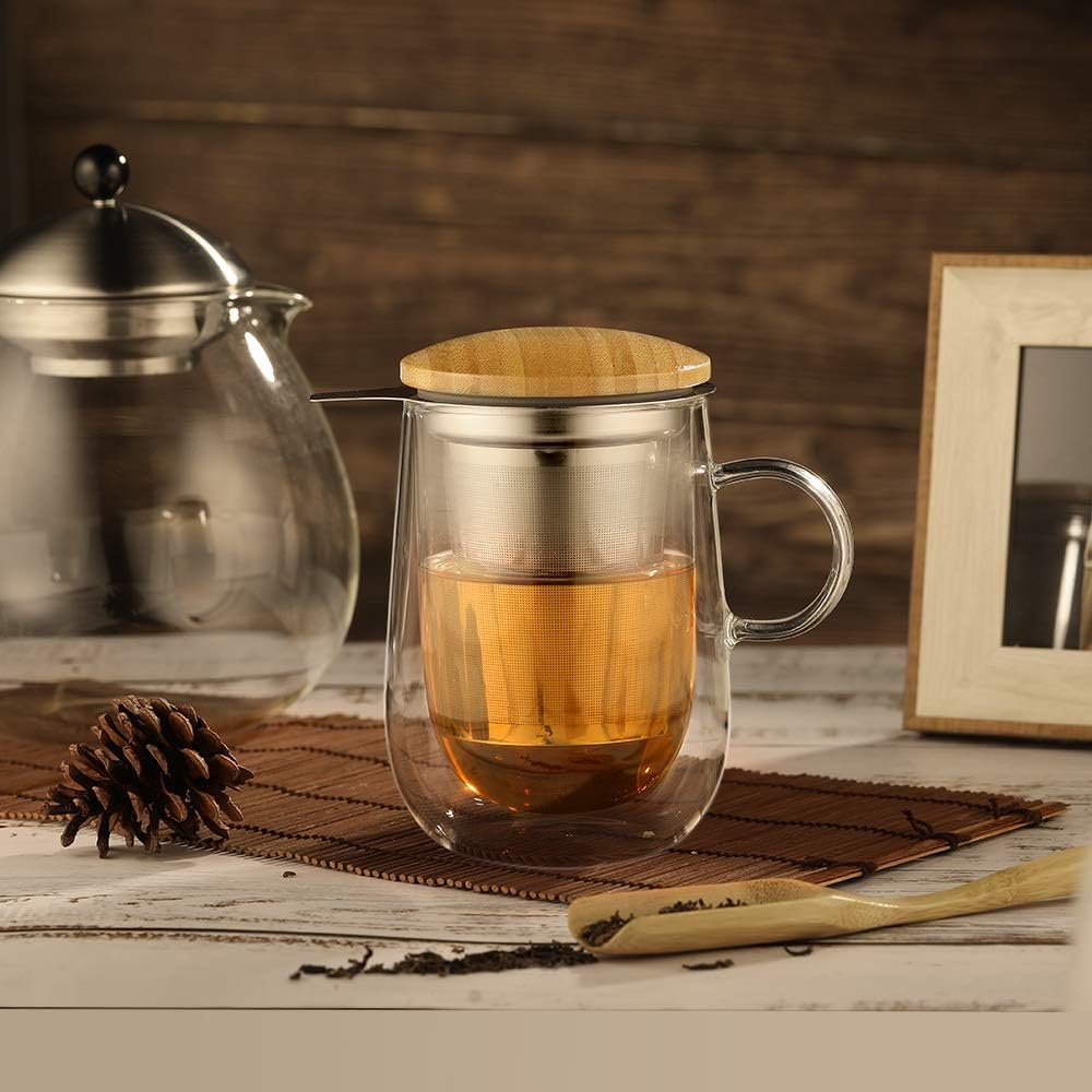 glastal Tea Infuser Mug 14.5oz Glass Tea Cup with Removable Stainless Steel Infuser and Lid, Double-walled Black Glass Tea Cup Teacup for Loose Leaf Tea, Birthday for Parents Dad Mum Friends Office