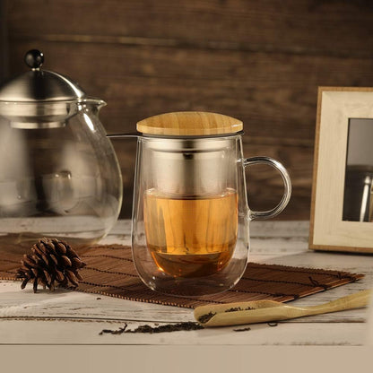 glastal Tea Infuser Mug 14.5oz Glass Tea Cup with Removable Stainless Steel Infuser and Lid, Double-walled Black Glass Tea Cup Teacup for Loose Leaf Tea, Birthday for Parents Dad Mum Friends Office