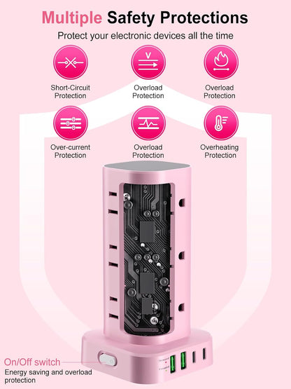 6FT Power Strip Tower Surge Protector, 12 Wide Spaced Outlets, 4 USB