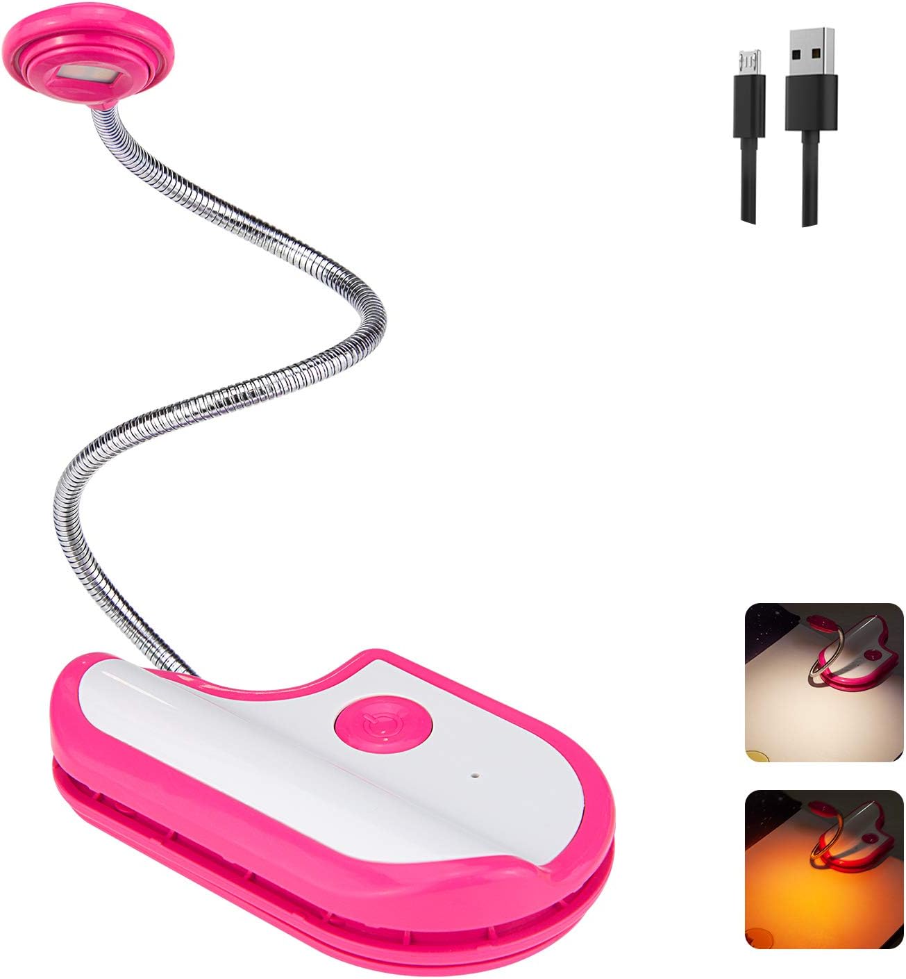 BIGMONAT Rechargeable Reading Light for Kids,Small Amber Book Light,Multi Colors Portable LED Reading Lamp with 361° Rotary Light Neck,Wireless Clip Reading Light for Books (White)