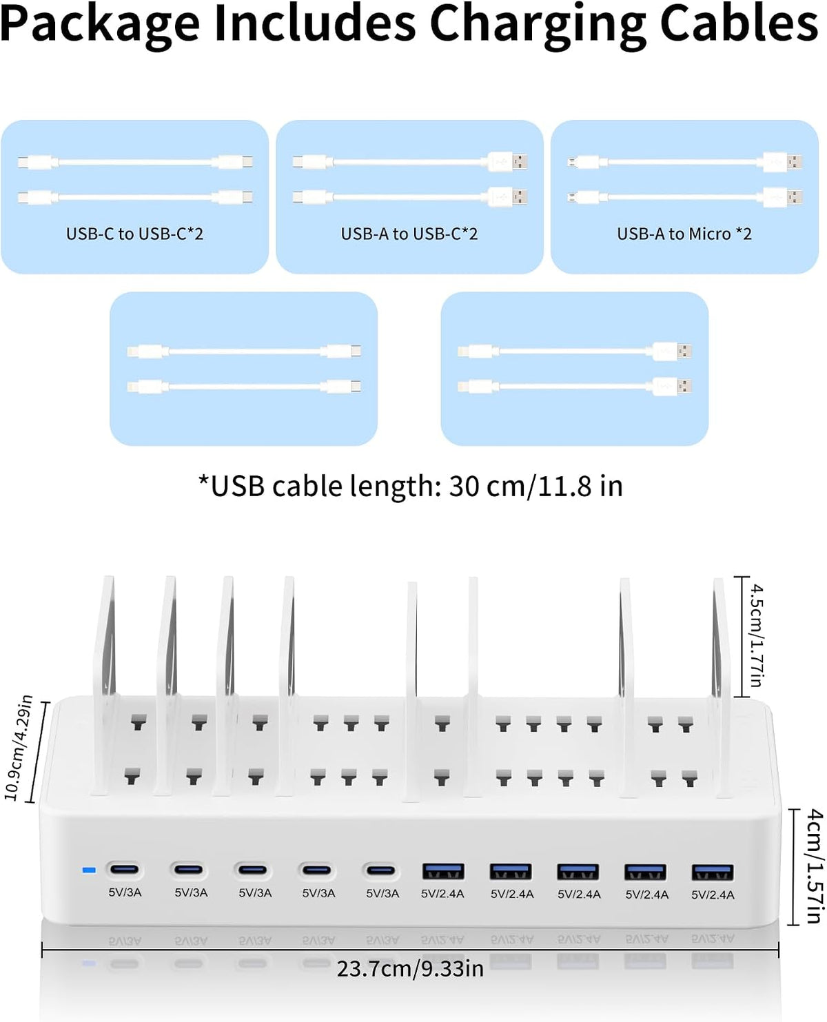 100W Charging Station for Multiple Devices, 10-Port USB Fast Charger, Black