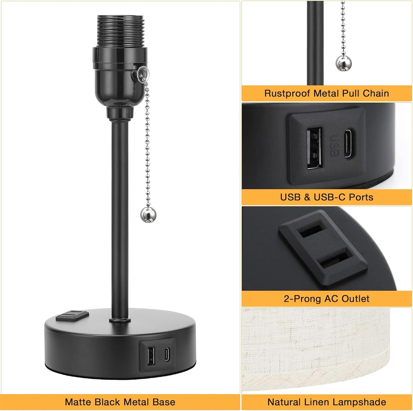 Small Bedside Table lamp for Bedroom - 3 Color Temperatures Bedside Lamps with USB C and A Ports, Pull Chain Table Lamps with AC Outlet, White Nightstand Lamps with Black Metal Base for Kids Reading