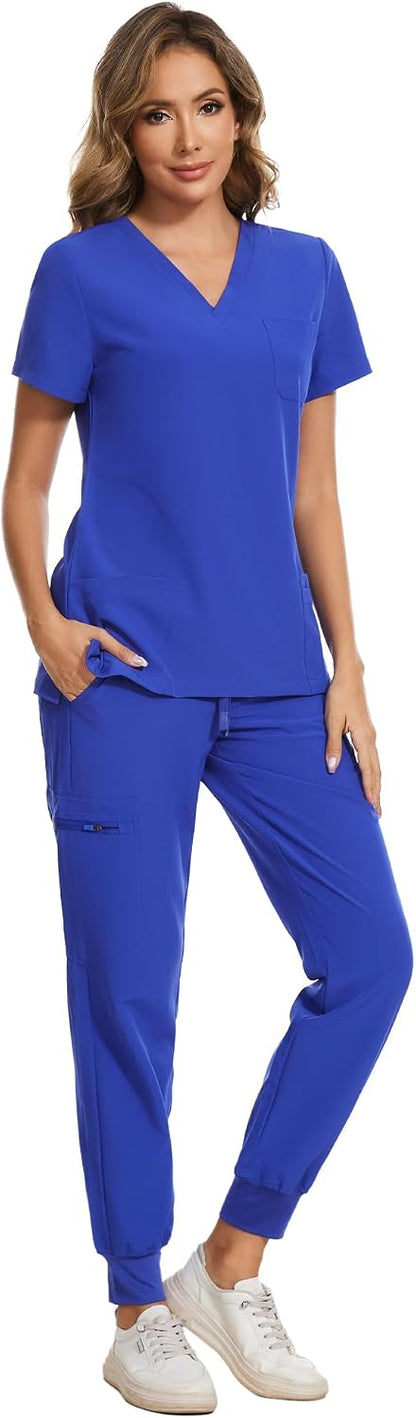 COZYFIT Scrubs for Women Set - Stretch V-Neck Scrub Top & Jogger Pant with 8 Pockets COZY SCRUBS - Colors B