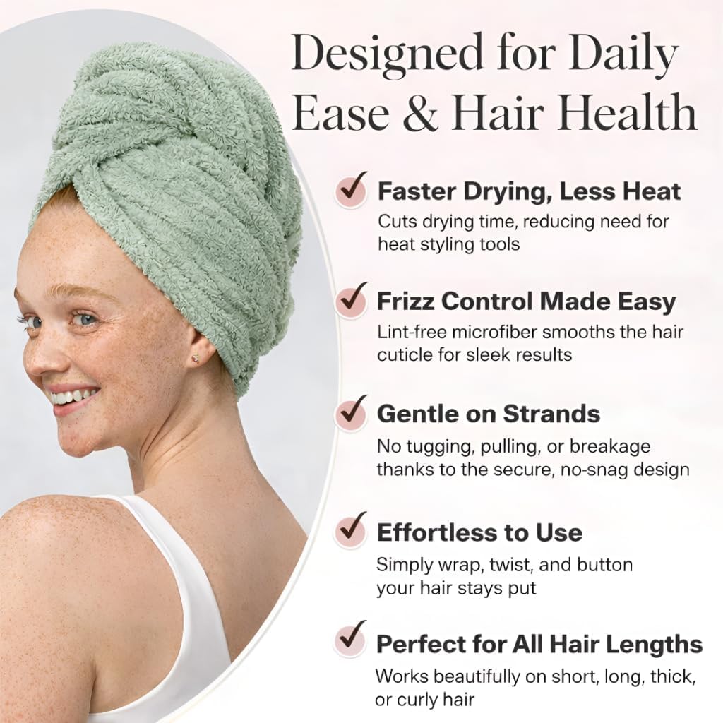 Luxury Microfiber Hair Towel Wrap for Women - Quick Dry, Super Absorbent Hair Turban, Soft & Lightweight Anti-Frizz Towel for Long, Thick & Curly Hair (Sage Green, 48" × 24")
