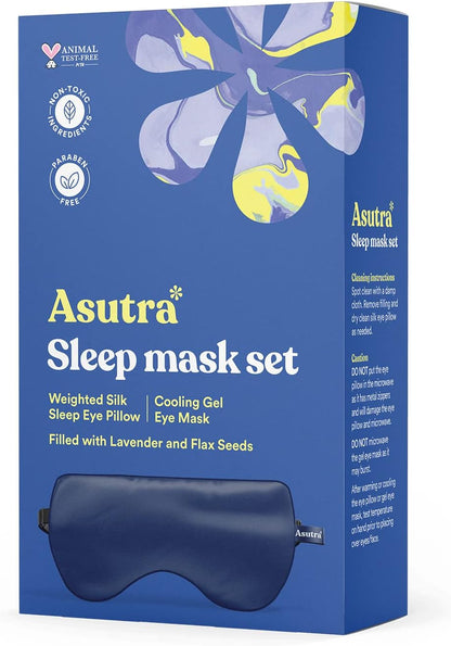 ASUTRA Silk Eye Pillow for Sleep, Black - Filled w/Lavender Buds & Flax Seeds, Weighted Eye Mask, Meditation & Light Blocking Blindfold, Cooling Gel Mask Included