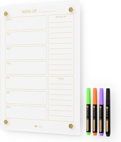 Black Glass Golden Weekly Dry Erase Calendar & Menu Whiteboard for Wall, Meal Planning & Grocery Shopping List White Board for Kitchen & Home, 15x11, 4 Wet Erase Markers Included, Yeoux