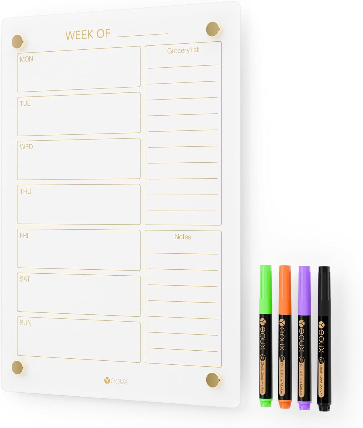 Yeoux Black Glass Golden Weekly & Menu Dry Erase Calendar Board 15“x11
