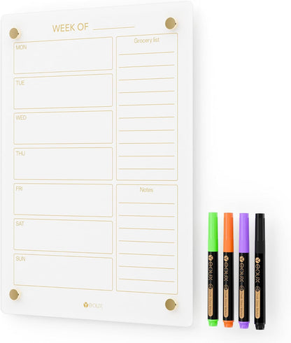 Yeoux Black Glass Golden Weekly & Menu Dry Erase Calendar Board 15“x11