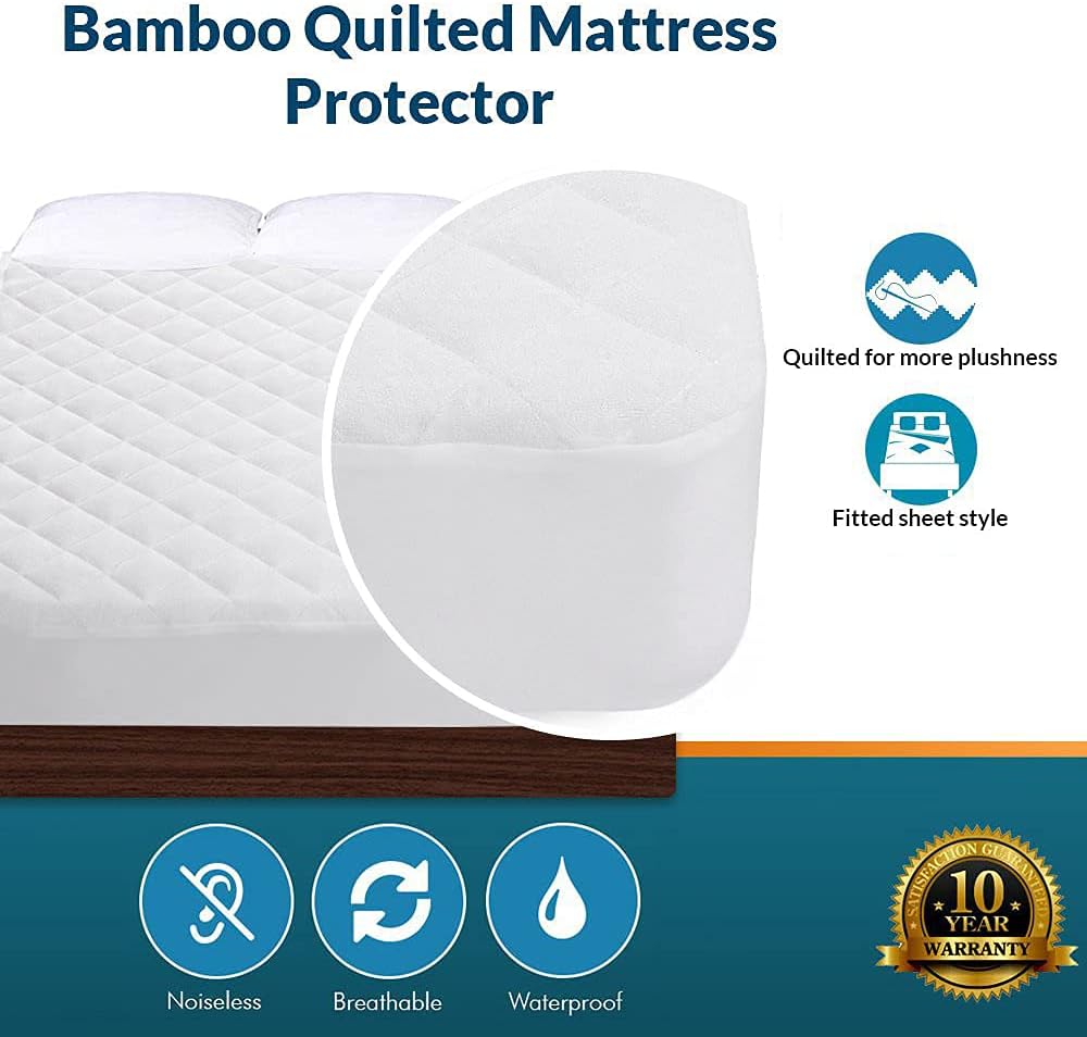 PlushDeluxe Premium Bamboo Mattress Protector – Queen Size, Waterproof, & Ultra Soft Breathable Noiseless Washable Bed Mattress Cover for Comfort & Protection - White