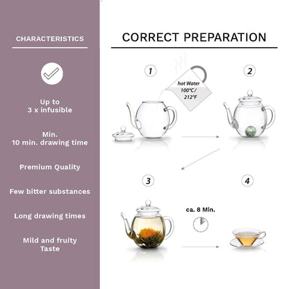 Creano Blooming Tea Gift Set with Glass Teapot 17oz (500ml) - Green Tea Fruity Flavoured Tea Flowers in 6 Varieties - Flowering Tea Gift for Easter