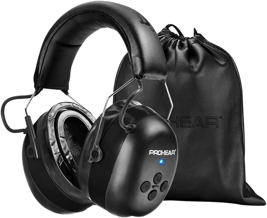 PROHEAR 037 Bluetooth 6.0 Hearing Protection Headphones with Rechargeable 1500mAh Battery, 30dB SNR Safety Noise Reduction Ear Muffs 120H Playtime for Mowing, Workshops, Snowblowing - Black