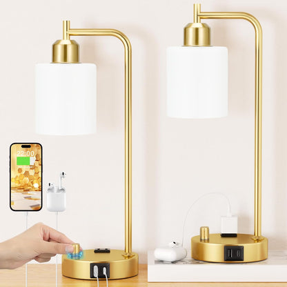 Industrial Table Lamps for Bedrooms Set of 2 - Fully Dimmable Bedside Lamps with USB A and C Ports and Outlet, Black Nightstand Lamps with Glass Shade for Living Room, Desk Lamps for Office Reading