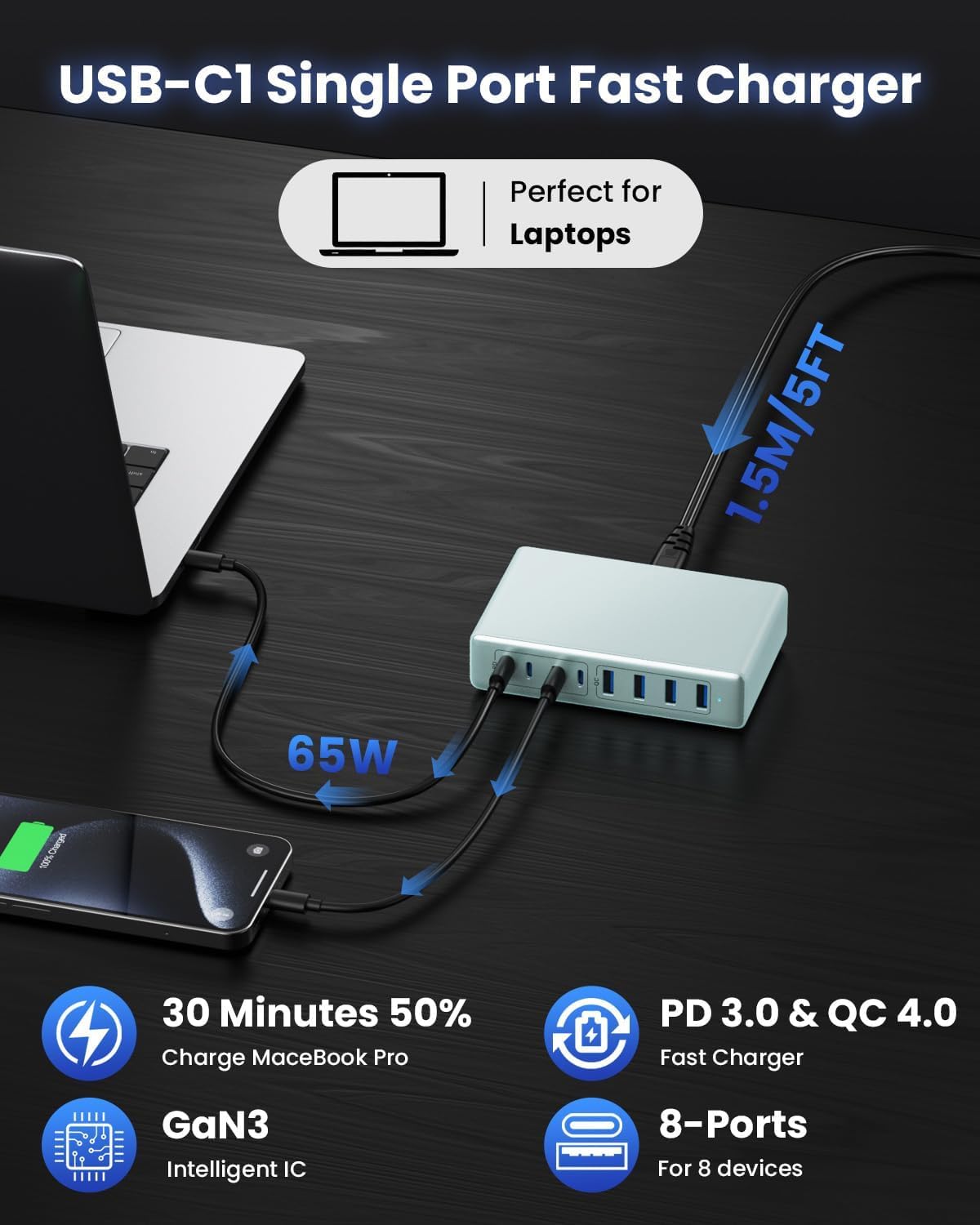 USB C Charger 200W USB C Charger Block,Upgraded GaN III 8-Port Fast Charging Station Hub,PD 65W Laptop Charging Adapter Compatible with MacBook Pro/Air,DELL,Steam Deck,iPhone 16/15/14,Galaxy S23/22