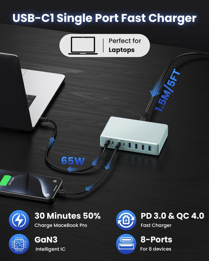 USB C Charger 200W USB C Charger Block,Upgraded GaN III 8-Port Fast Charging Station Hub,PD 65W Laptop Charging Adapter Compatible with MacBook Pro/Air,DELL,Steam Deck,iPhone 16/15/14,Galaxy S23/22