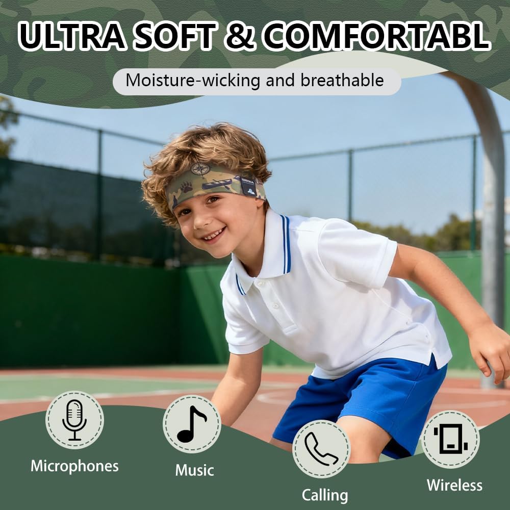Kids Bluetooth 5.4 Headband Headphones, Adjustable Toddler Sports Headband Earphones with Mic, Soft Wireless Sleep Headphones for Baby Kids Travel Plane School Tablet Workout(Green)
