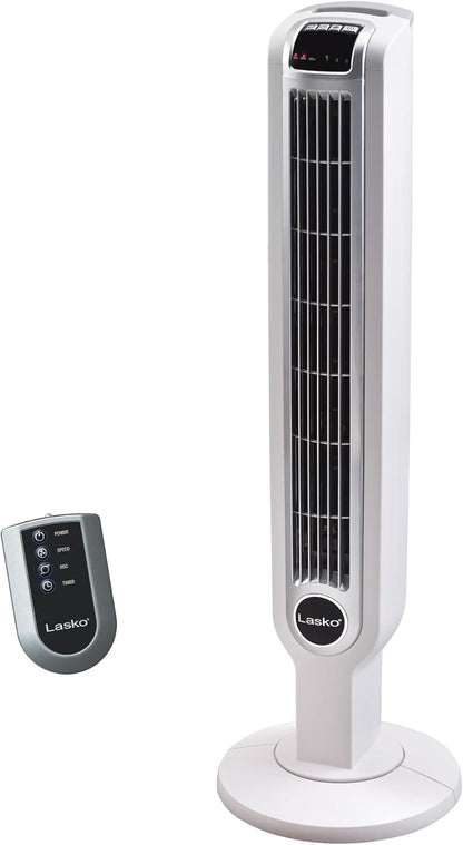 Lasko Oscillating Tower Fan with Remote Control and Timer - Quiet Standing Fan for Bedroom, Office, and Home - 3 Speeds - Powerful Cooling Air - 2510 - 36" Tall - White
