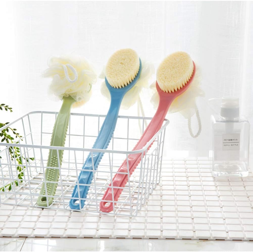 Shower Body Brush with Bristles and Loofah,Back Scrubber Bath Mesh Sponge with Curved Long Handle for Skin Exfoliating Bath, Massage Bristles Suitable for Wet or Dry, Men and Women (Blue)